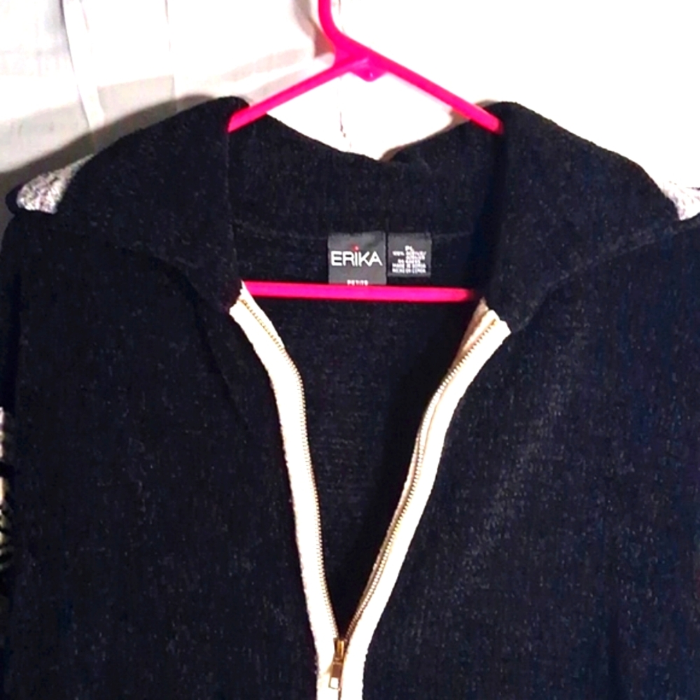 Erika Cardigan Womens PL Black Full Zip Collared Fair Isle Chenille Cozy Nordic - Picture 5 of 13